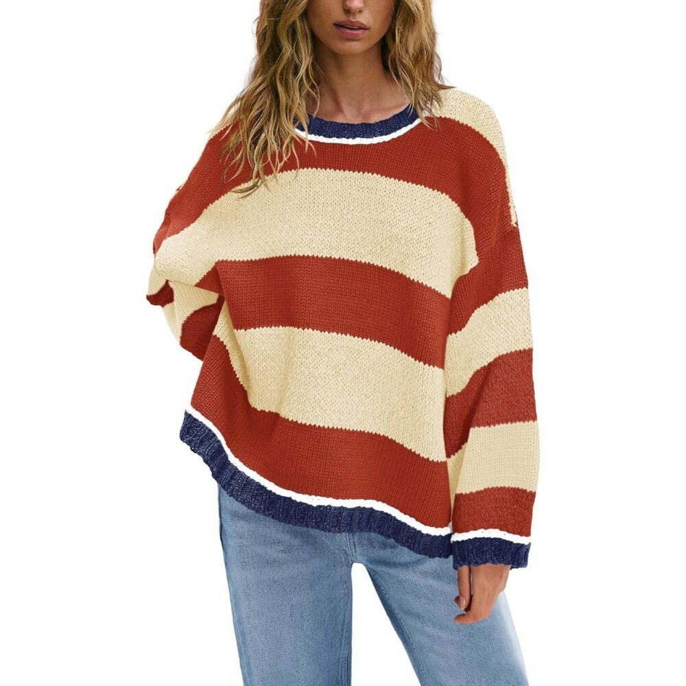 Women’s Chunky Cable Knit Sweater Oversized Fall Colorblock Crewneck